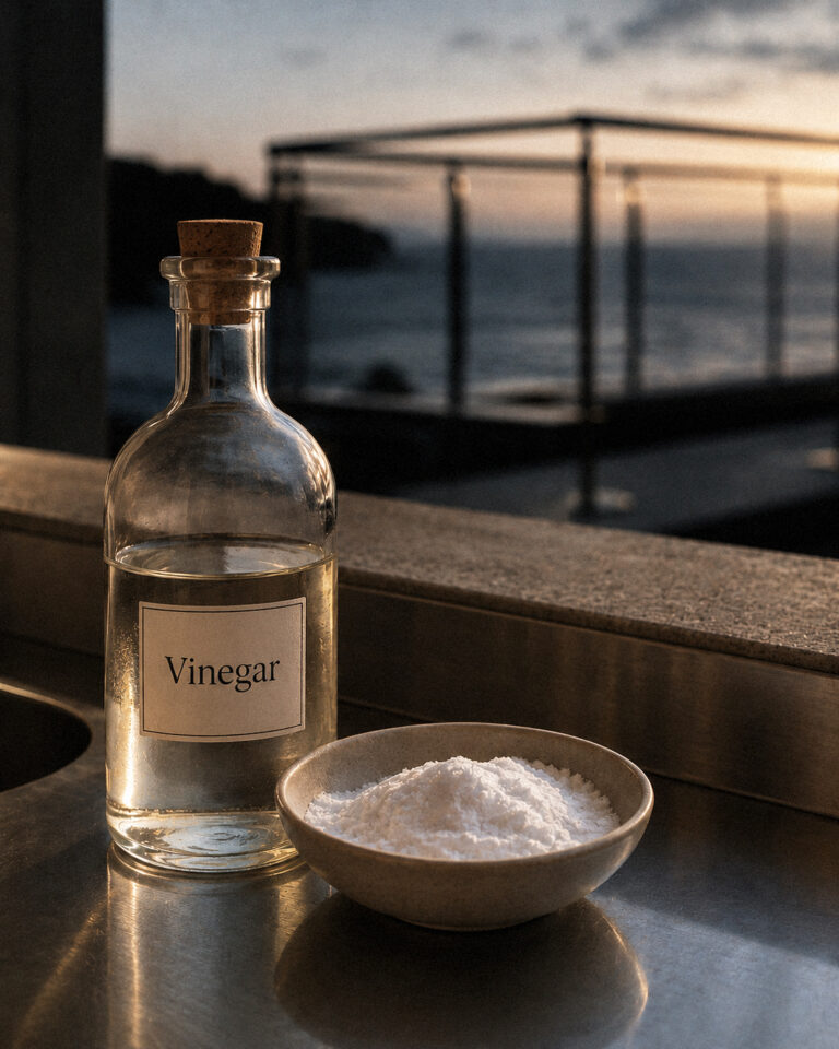 Botella de vinagre y bicarbonato junto a una superficie de acero inoxidable con manchas, comparado con mobiliario de hotel frente al mar