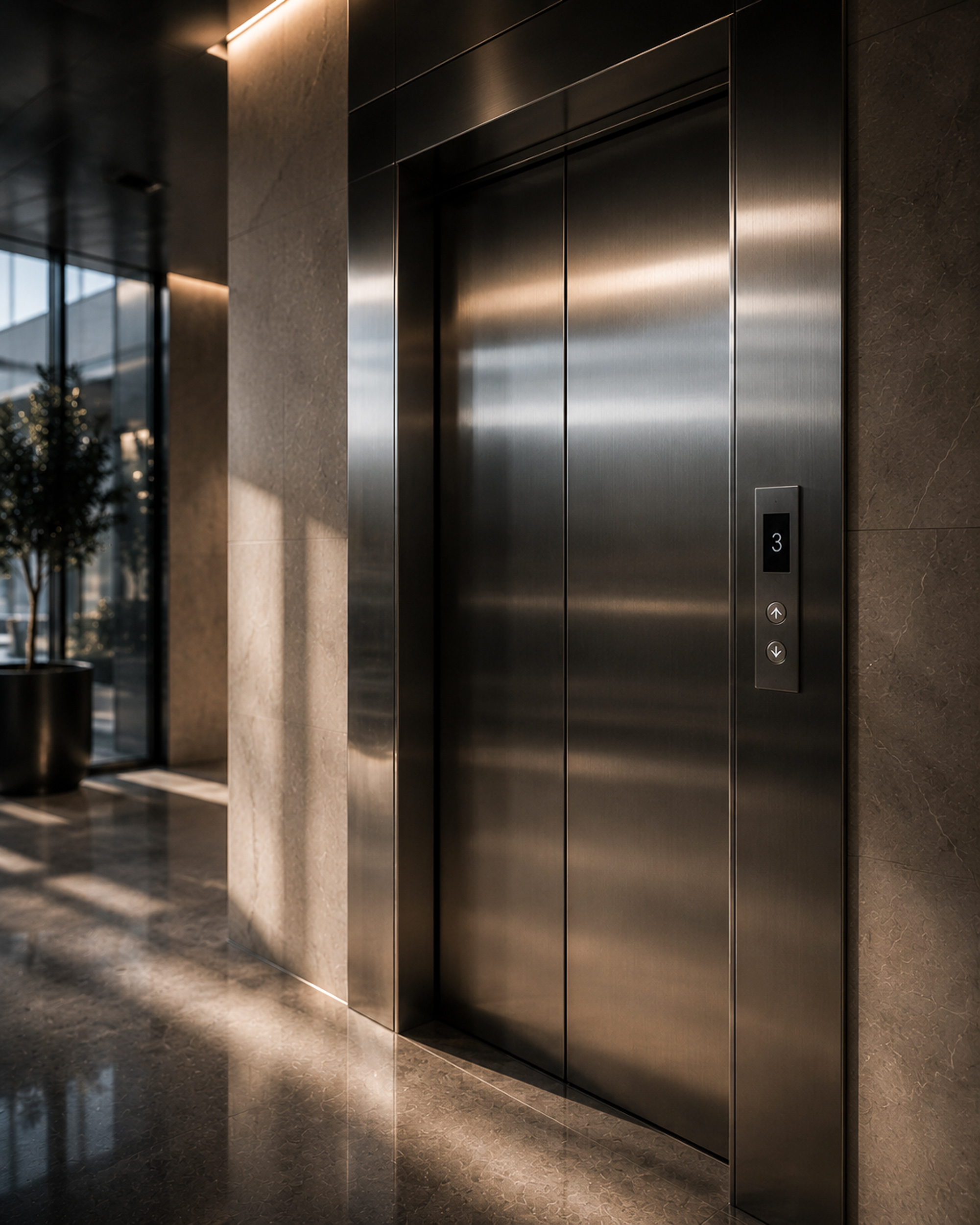 Puertas de ascensor de acero inoxidable satinado restauradas en un edificio premium