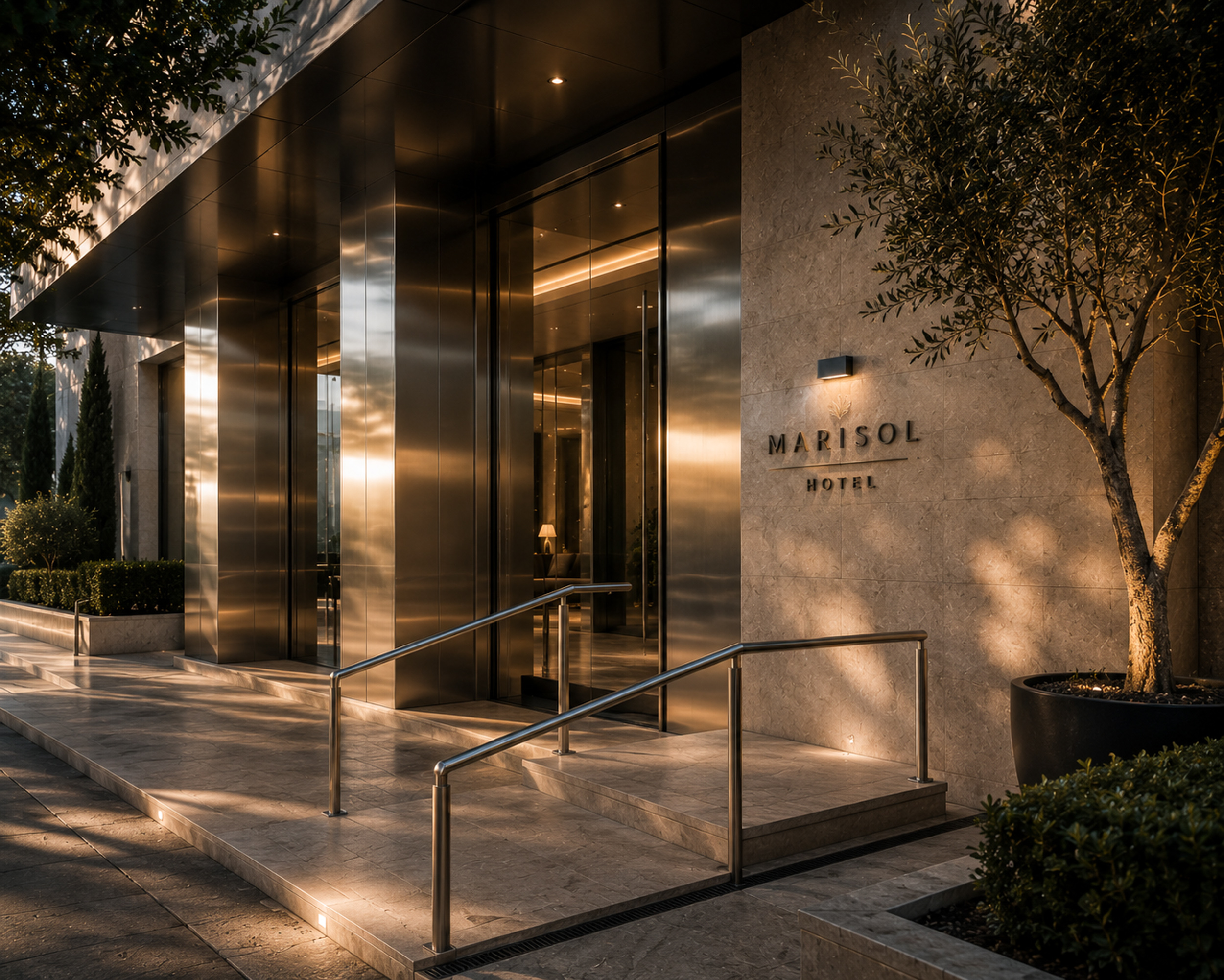 Entrada de hotel premium con elementos de acero inoxidable restaurados