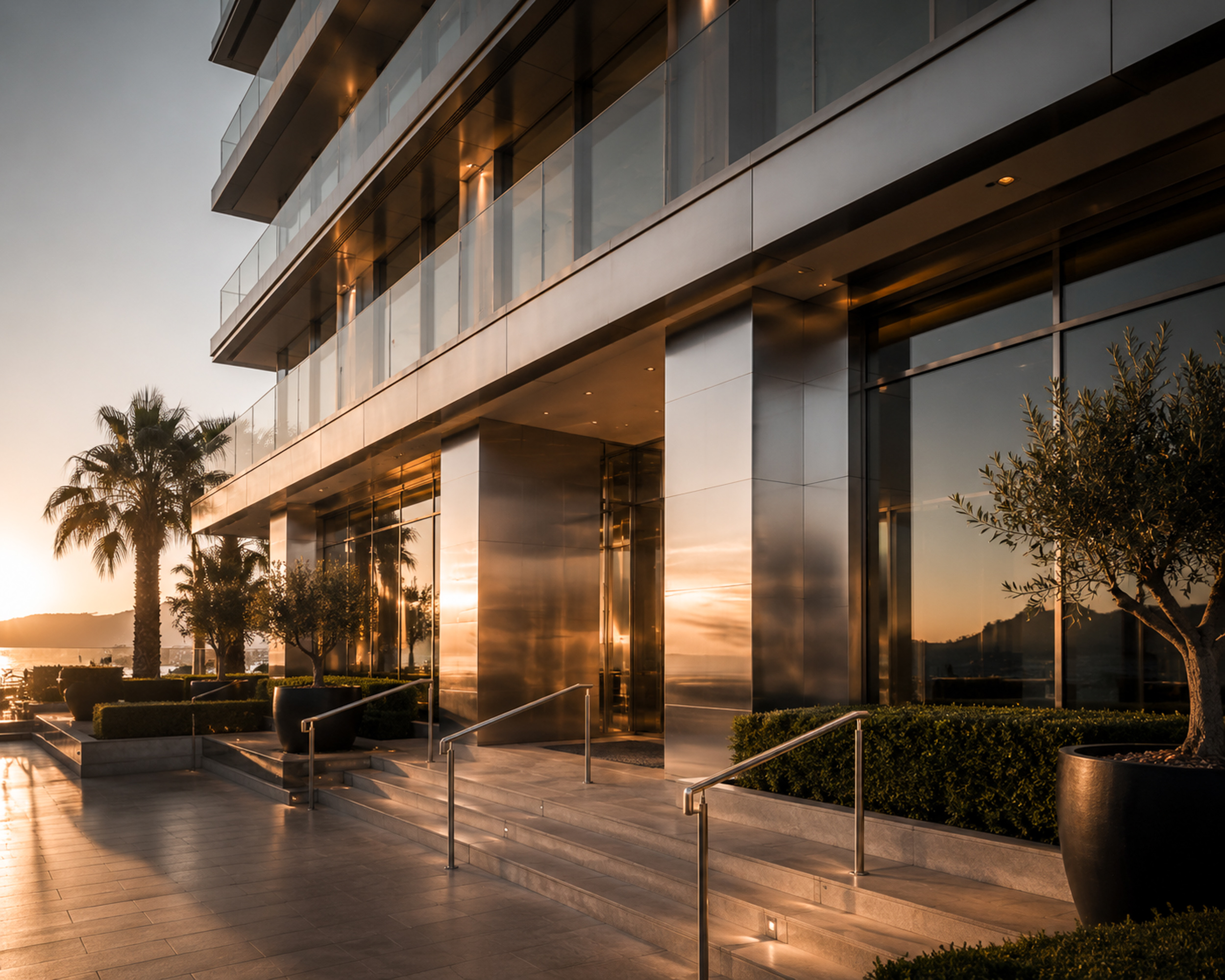 Fachada contemporánea de hotel con elementos de acero inoxidable junto al mar