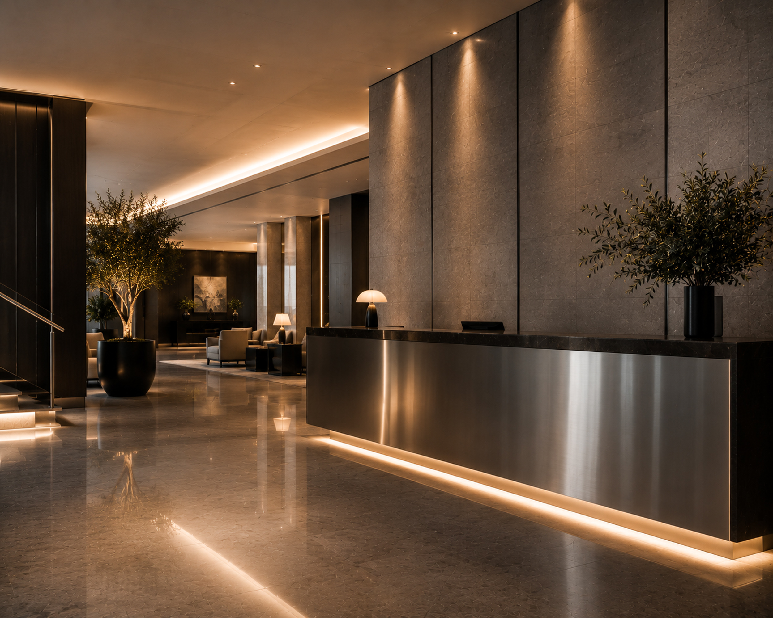 Recepción de hotel con mostrador y detalles en acero inoxidable restaurado